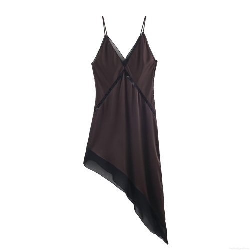 Women's V-Neck Satin Asymmetric Midi Dress Lace Mesh Trim Sleeveless Spaghetti Strap Slip Dress Deep Brown Vacation Party Elegant Evening Cami Dress