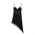 Elegant Black Velvet Lace Midi Dress Backless Asymmetric Hem Sexy Cami Slip Dress With Adjustable Straps For Party Club Evening Women Luxury