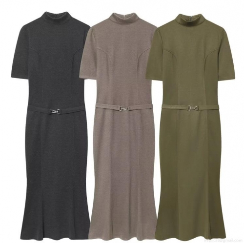 Elegant Half Turtleneck Short Sleeve Fishtail Midi Dress For Women Solid Color Knitted Wool Blend Slim Fit Dress With Waist Belt For Daily Party Office