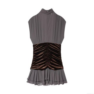 Elegant Women's Sleeveless Patchwork Midi Dress Velvet Ruched Bodycon Dress Colorblock Grey Brown Chiffon Ruffle Hem High Neck Evening Party Clubwear Dress