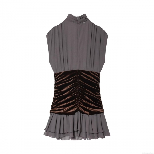 Elegant Women's Sleeveless Patchwork Midi Dress Velvet Ruched Bodycon Dress Colorblock Grey Brown Chiffon Ruffle Hem High Neck Evening Party Clubwear Dress