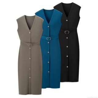 Women's Elegant V-Neck Sleeveless Midi Dress Polyester Cotton Blend Slim Fit Single Breasted Bodycon Summer Dress With Gold Buckle Belt For Office Party
