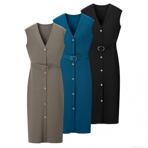 Women's Elegant V-Neck Sleeveless Midi Dress Polyester Cotton Blend Slim Fit Single Breasted Bodycon Summer Dress With Gold Buckle Belt For Office Party