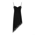 Women Sexy French Cowl Neck Velvet Slip Dress Lace Patchwork Irregular Hem Backless Tie Bodycon Midi Dress For Party Evening Clubwear