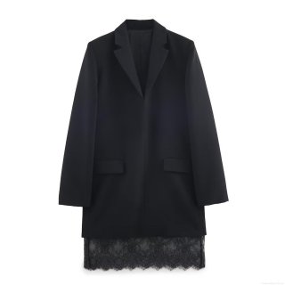 Elegant Black Lace Patchwork Blazer Dress For Women Luxury Long Sleeve V-Neck Midi Dress Office Party Celebrity Style Dress