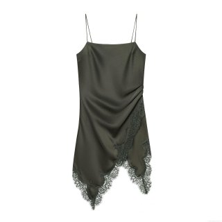 Women's Sexy Satin Lace Patchwork Midi Dress Spaghetti Strap Asymmetric Hem Slim Fit Sleeveless Party Clubwear Night Out Evening Cami Dress