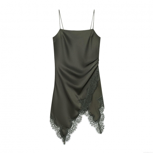 Women's Sexy Satin Lace Patchwork Midi Dress Spaghetti Strap Asymmetric Hem Slim Fit Sleeveless Party Clubwear Night Out Evening Cami Dress