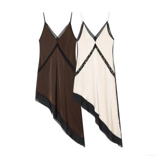 Women's Elegant Satin Cami Dress With Lace Mesh Splicing V-Neck Asymmetric Hem Midi Party Dress Socialite Style Sleeveless Bodycon Slip Dress