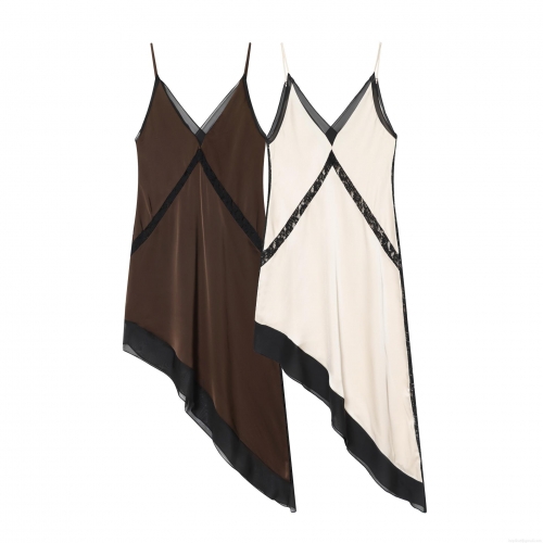 Women's Elegant Satin Cami Dress With Lace Mesh Splicing V-Neck Asymmetric Hem Midi Party Dress Socialite Style Sleeveless Bodycon Slip Dress