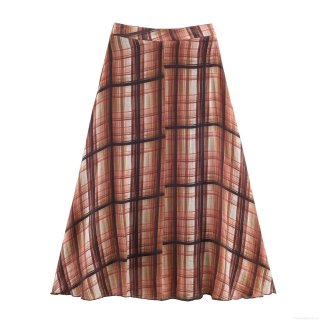 Women Fashionable Plaid Midi Skirt High Waist Retro Crinkle Effect Polyester Straight A-Line Skirt for Streetwear Daily Wear Sexy Lady