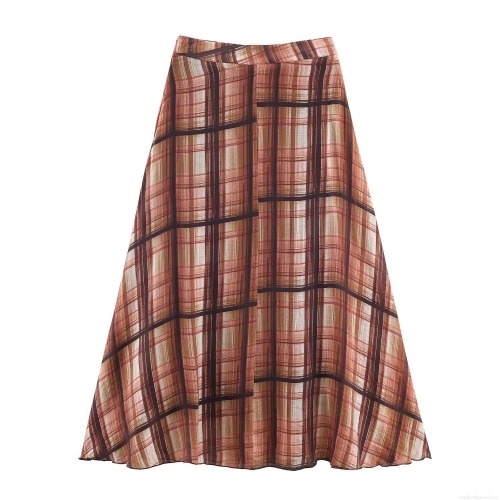Women Fashionable Plaid Midi Skirt High Waist Retro Crinkle Effect Polyester Straight A-Line Skirt for Streetwear Daily Wear Sexy Lady