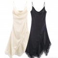 Elegant Women Satin Lace Trim Sling Dress Deep V Neck Sleeveless Asymmetric Hem Midi Cami Dress For Party Clubwear