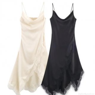 Elegant Women Satin Lace Trim Sling Dress Deep V Neck Sleeveless Asymmetric Hem Midi Cami Dress For Party Clubwear