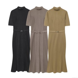 Women's Mock Neck Slim Fit Midi Dress with Belt Short Sleeve Fishtail Hem Bodycon Polyester Elegant Party Work Dress Solid Color