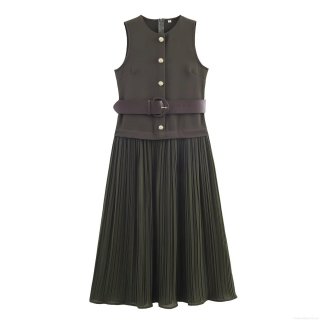 Women's Elegant Army Green Sleeveless Midi Dress With Belt Pleated Patchwork Round Neck Gold Buttons Solid Polyester Party Evening Dress
