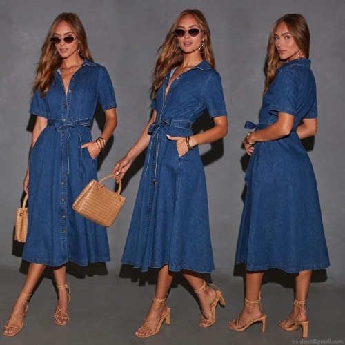 Women Retro V-Neck Denim Midi Dress French Elegant Short Sleeve Button Front A-Line Jean Dress With Waist Tie Belt For Daily Office Summer