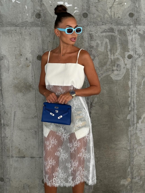 Sexy Women White Lace Patchwork Camisole Dress Chic Hollow Out Sheer Midi Dress For Summer Party Clubwear Streetwear Elegant Outfits