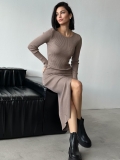 Elegant Women Long Sleeve Ribbed Knit Midi Dress Sexy Side Slit Slim Fit Solid Color Bodycon Sweater Dress For Autumn Winter Party Clubwear