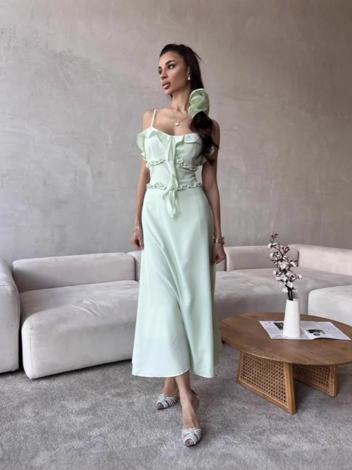 Women Elegant Ruffle Hem Cami Midi Dress Sexy Cotton Polyester Blend Summer Backless Sleeveless Solid Color Bow Tie Party Dress For Women