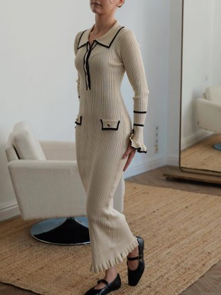 Women's Elegant French Retro Contrast Trim Knitted Dress Long Sleeve Ruffle Cuffs Slim Fit Ribbed Knit Midi Dress Color Block Elegant Light Luxury Knitted Gown For Women