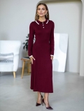 Women's French Hepburn Style Cotton Blend Knitted Midi Dress Contrast Polo Collar Long Sleeve Bodycon Pencil Dress For Casual Daily Office Wear