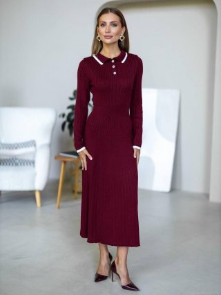 Women's French Hepburn Style Cotton Blend Knitted Midi Dress Contrast Polo Collar Long Sleeve Bodycon Pencil Dress For Casual Daily Office Wear