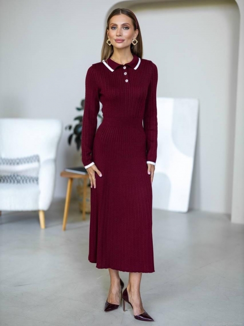 Women's French Hepburn Style Cotton Blend Knitted Midi Dress Contrast Polo Collar Long Sleeve Bodycon Pencil Dress For Casual Daily Office Wear