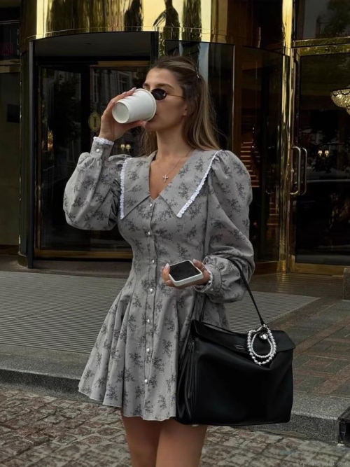 French Retro Floral Print Midi Dress Women's Cotton Polyester Woven V Neck Lace Patchwork Waist Tie Long Bubble Sleeve Autumn Elegant Lady Party Mini Dress