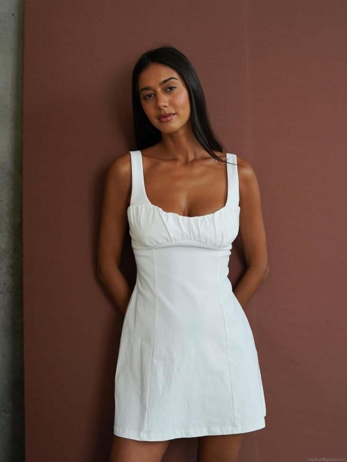 Women Sexy U-Neck Suspender Bodycon Midi Dress Cotton Blend Pleated Chest Slim Fit Party Clubwear Streetwear Sleeveless Solid White Dress