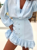 French Gentle Style Women V-Neck Long Sleeve 100% Cotton Dress Ruffle Button High Waist Midi Dress Elegant Vacation Beach Short Skirt For Ladies