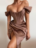 Women's Sexy Satin Corset Midi Dress Off-Shoulder High Split Bodycon Evening Gown For Party Wedding Elegant Ruched Prom Dress