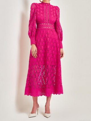 Elegant Hollow Out Lace Embroidery Midi Dress Long Sleeve Mock Neck Formal Evening Party Gown For Women Wedding Guest Cocktail Dress