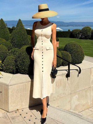 Women Sleeveless Ribbed Knit Maxi Dress Slim Fit Single Breasted Button Front Bodycon Long Dress With Decorative Pockets Sexy Commuter Summer Party Dress