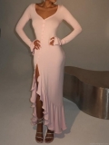 Women's Sexy V Neck High Slit Midi Dress Elegant Long Sleeve Button Ribbed Knit Bodycon Dress Solid Color Ruffle Cuff Party Evening Gown