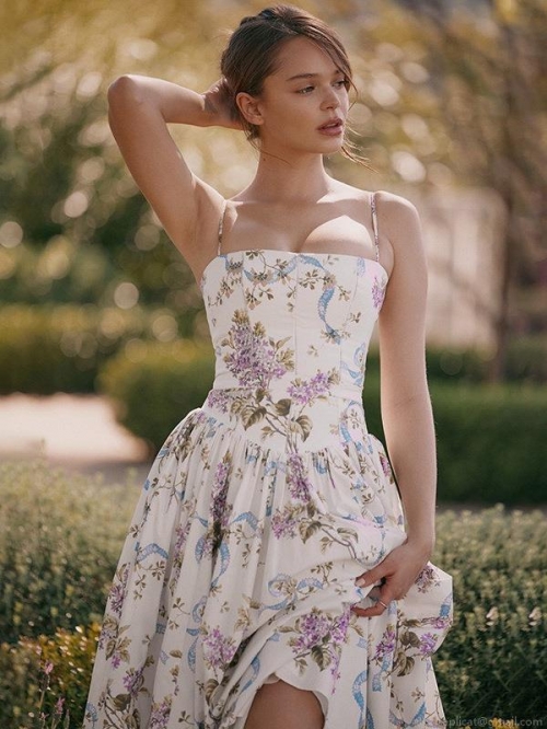 French Floral Print Cami Dress For Women Elegant V Neck Sleeveless A Line Midi Dress Summer Vacation Beach Party Outfit Lightweight Polyester Sundress