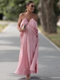 Elegant Pink Satin V-Neck Spaghetti Strap Midi Dress For Women Party Banquet Evening Summer Sleeveless Draped Silk-Like Dress