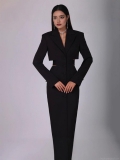 Elegant Women Lapel Suit Collar Midi Dress Polyester Cotton Blend Long Sleeve Hollow Out Waist Single Breasted Professional Office Party Evening Formal Slim Fit Minimalist High Street Fashion