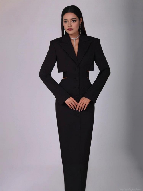 Elegant Women Lapel Suit Collar Midi Dress Polyester Cotton Blend Long Sleeve Hollow Out Waist Single Breasted Professional Office Party Evening Formal Slim Fit Minimalist High Street Fashion