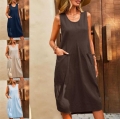 Women's Sleeveless Midi Dress U-Neck Loose Casual Cotton Polyester Blend Solid Color Summer Vacation Dress With Side Pockets