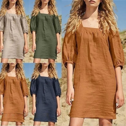 Women's French Square Neck Cotton Linen Dress Casual Solid Color Puff Sleeve Midi Dress Summer Vacation Holiday Loose Fit Retro Style