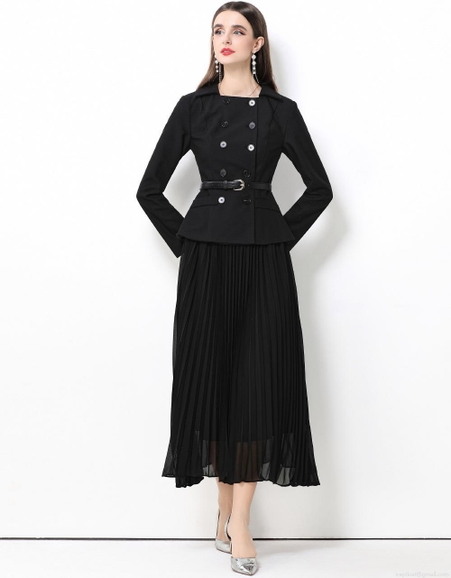 Women Elegant Black Lapel Double-Breasted Long Sleeve Pleated Dress With Belt Slim Fit Office Lady Fake Two-Piece Midi Dress For Autumn Winter
