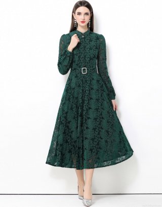 Elegant French Vintage Lace Embroidery Midi Dress Women Dark Green Lantern Sleeve Stand Collar Button Down Dress With Belt For Party Wedding Office