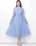 Elegant French Retro Lace Embroidery Maxi Dress Stand Collar Lantern Sleeve Button Down Blue Party Dresses For Women With Belt