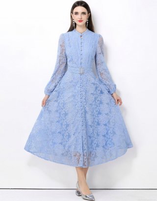 Elegant French Retro Lace Embroidery Maxi Dress Stand Collar Lantern Sleeve Button Down Blue Party Dresses For Women With Belt