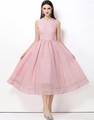 French Retro Elegant Pink Midi Dress Women Sleeveless Round Neck High Waist A-Line Pleated Textured Fabric With Pearl Bead Decoration For Party Commute Dating Slim Fit Dress