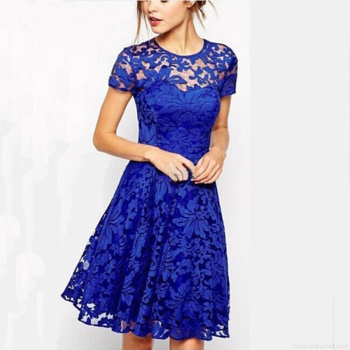 Women's Elegant Lace Short Sleeve Round Neck Midi Dress Sexy Hollow Out A-Line Cocktail Party Evening Dress For Women Solid Color Slim Fit Dressing