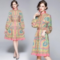 Elegant Women Retro Paisley Print A-Line Dress Stand Collar Long Lantern Sleeve With Belt Bohemian Party Office Midi Dresses Polyester