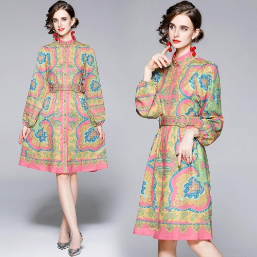 Elegant Women Retro Paisley Print A-Line Dress Stand Collar Long Lantern Sleeve With Belt Bohemian Party Office Midi Dresses Polyester