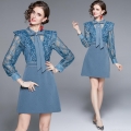 Women's French Elegant Blue Lace Patchwork Dress Long Sleeve Bow Tie Neck A-Line Midi Dress With Sequins Faux Pearl For Party Event Wedding Cocktail Ladies Chic Luxury Slim Fit Dress