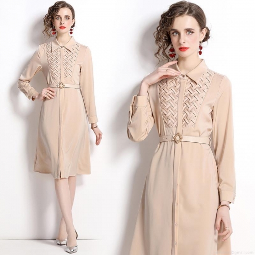 Elegant Apricot Long Sleeve Shirt Dress With Waist Belt Braided Detail Silky Polyester Midi A-Line Dress For Women Office Lady Commuting